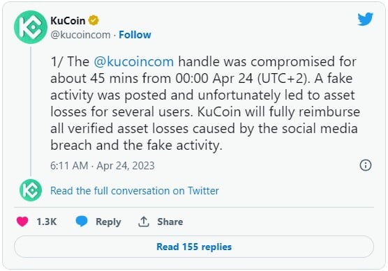 KuCoin Twitter Account Hacked: Scammers Steal 22, USDT and Some ETH