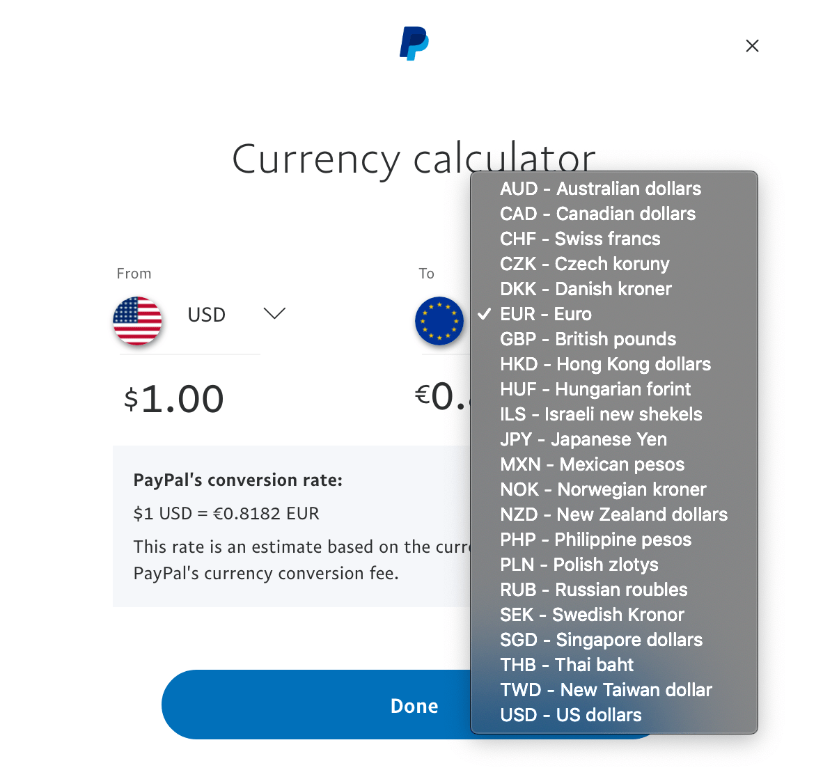 Where can I find PayPal's currency calculator and exchange rates? | PayPal LU