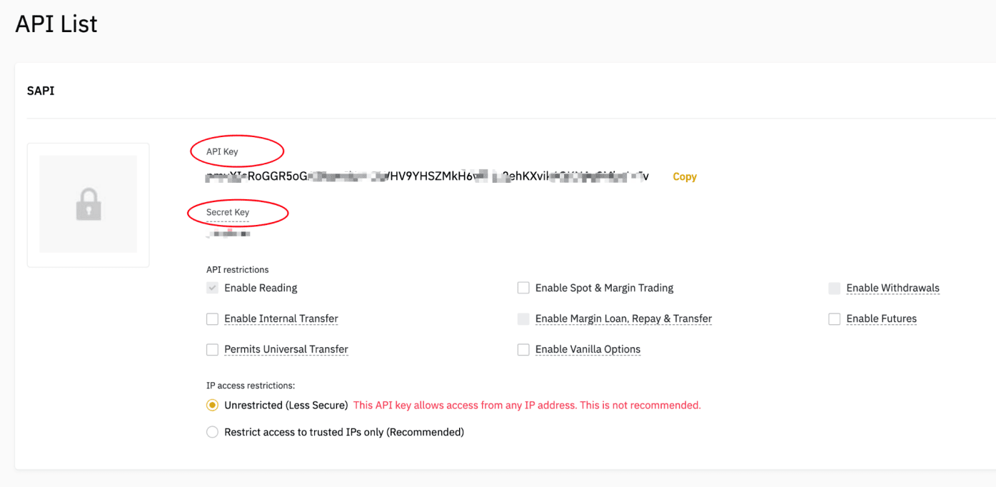 Setting your Binance account API keys on HyperTrader