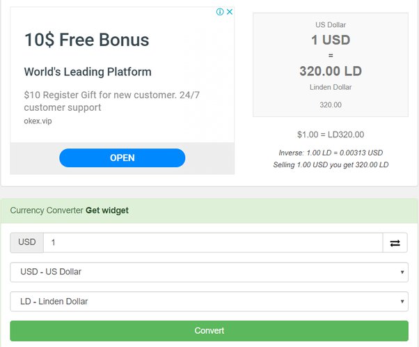 Live Linden Dollar to US Dollars Exchange Rate - LD 1 LD/USD Today