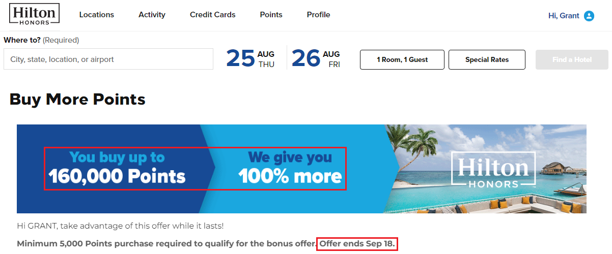 Hilton Honors selling points with % bonus - The MileLion