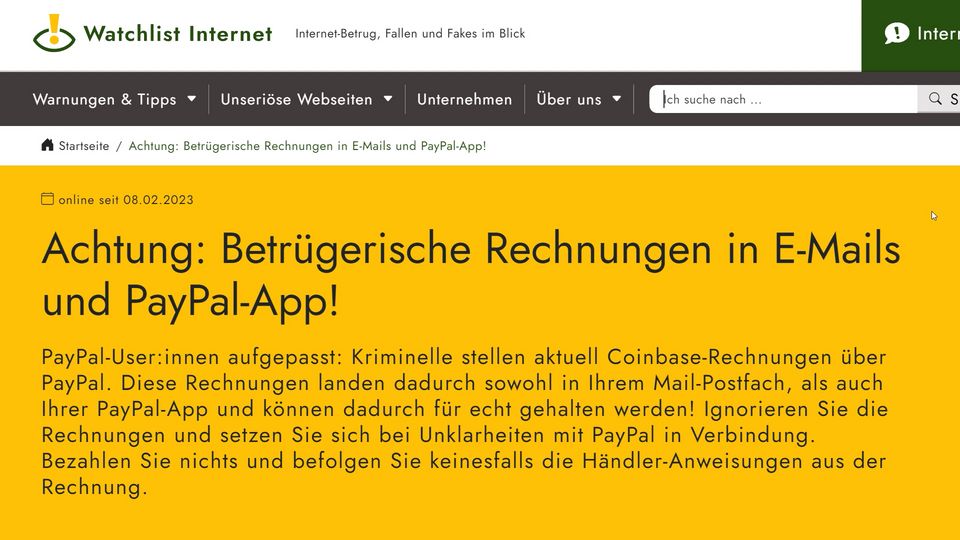 Achtung: Betrügerische Rechnungen in E-Mails und PayPal-App! - Watchlist Internet