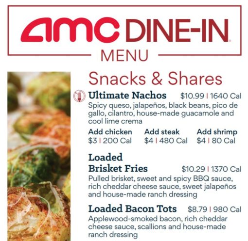 AMC Dine In Menu & Prices in — Movie Food Prices