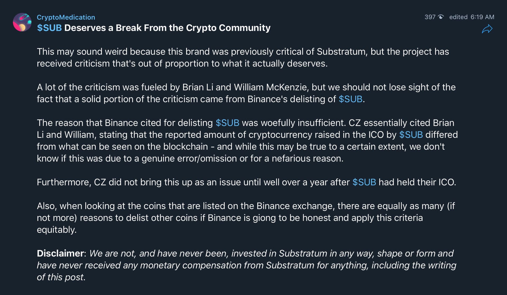 Substratum CIO asks clarification, CZ hints the day-trading of ICO funds