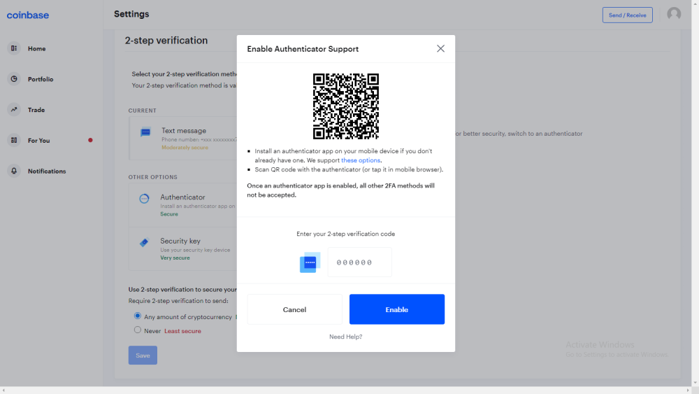 How to enable 2-step verification for Coinbase